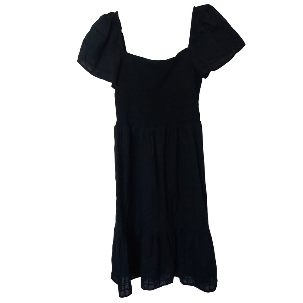 GAP Black Plaid Smocked Square Neck Puff Sleeve Tiered Midi Dress Women's Medium